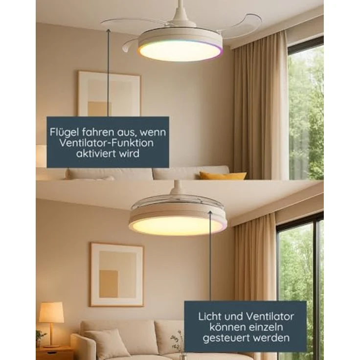 MeLiTec Deckenleuchte DV07, Deckenventilator mit RGB-LED-Beleuchtung, leise, dimmbar, Timer- und Nachtlichtfunktion, weiß, Fernbedienung – Bild 2
