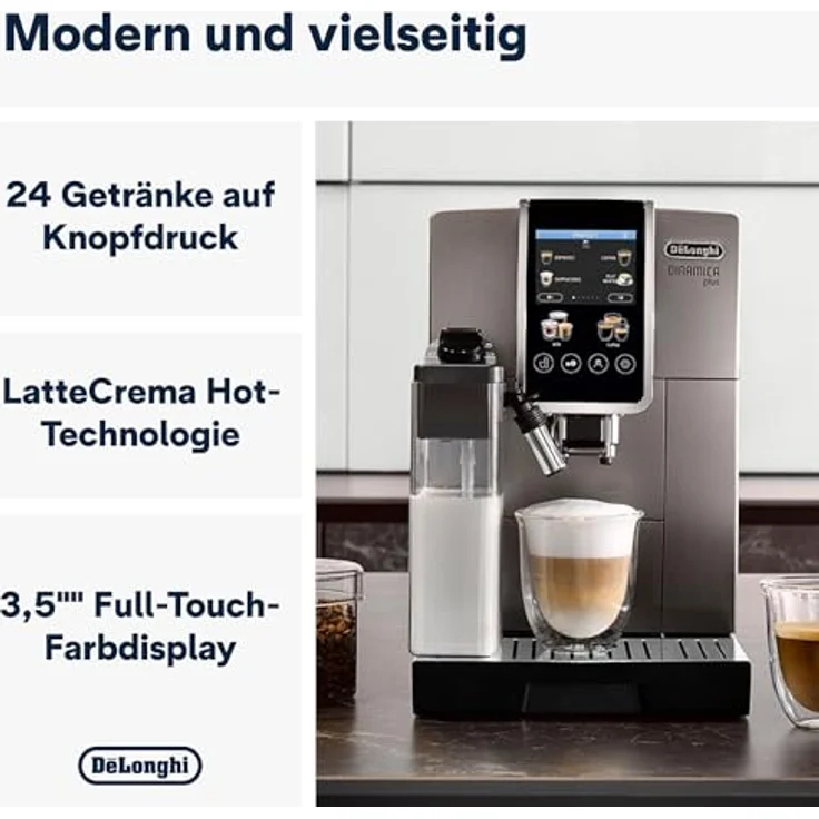 De'Longhi Dinamica Plus ECAM380.95.TB, Kaffeevollautomat mit LatteCrema Milchsystem, One-Touch-Cappuccino, mit 24 Rezepten, 3,5-Zoll TFT-Farbdisplay, 1450W, Titan/Schwarz – Bild 2