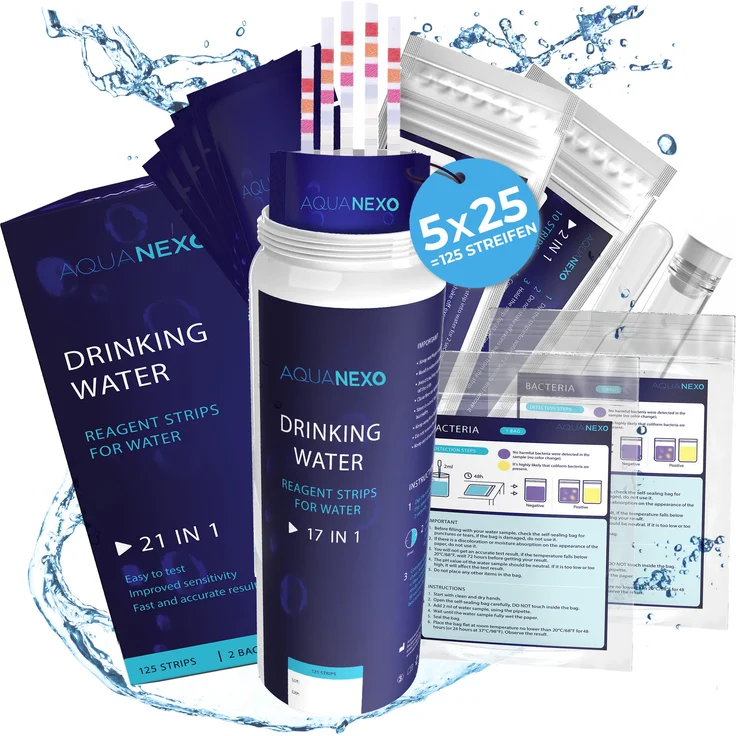 Aquanexo 125 Wassertester Trinkwasser Teststreifen 17-in-1 + 2 Bakterientests + 10 Trinkwasser Teststreifen Nitrat/Nitrit + 10 Trinkwasserteststreifen Sulfate, 16-in-1 Werte, Versand aus Deutschland – Bild 1