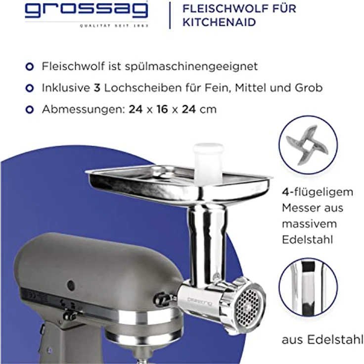 grossag Fleischwolf für KitchenAid Größe 5 Edelstahl Spülmaschinenfest Inklusive 3 Lochscheiben – Bild 2