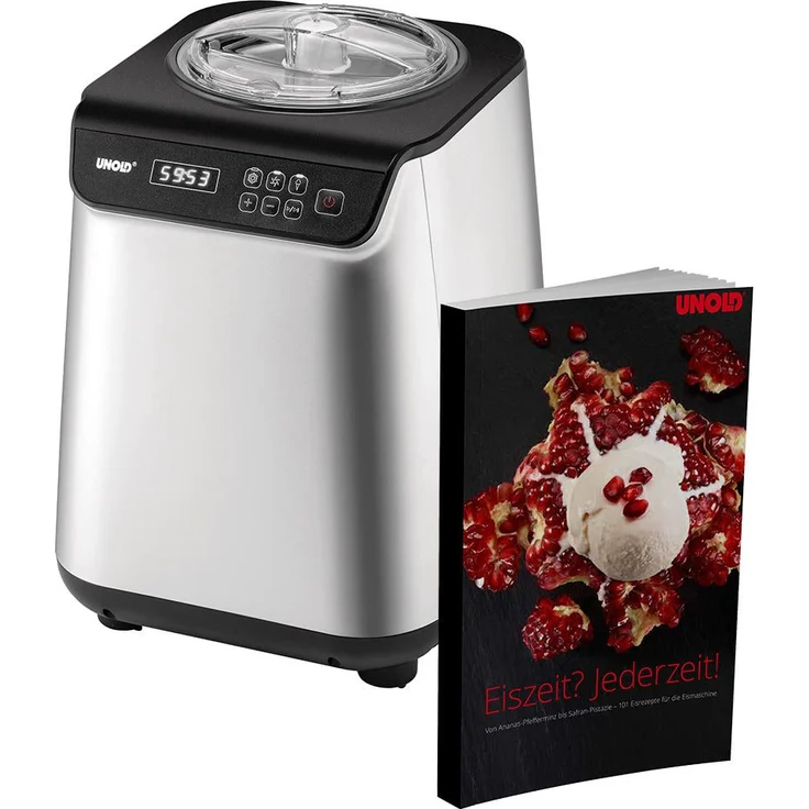Unold Eismaschine Eismaschine Uno inklusive Eisbuch 1,2 L, vollautomatisch mit selbstkühlendem Kompressor, LCD-Display und 101 Rezepten, Silber – Bild 1