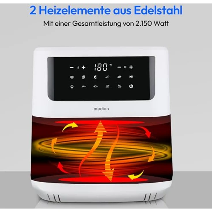 MEDION P10 XL Heißluftfritteuse, 6,8 L XXL, 2.150 W, zwei Edelstahlheizelemente, 9 Automatikprogramme, Touch Bedienfeld, matt – Bild 2