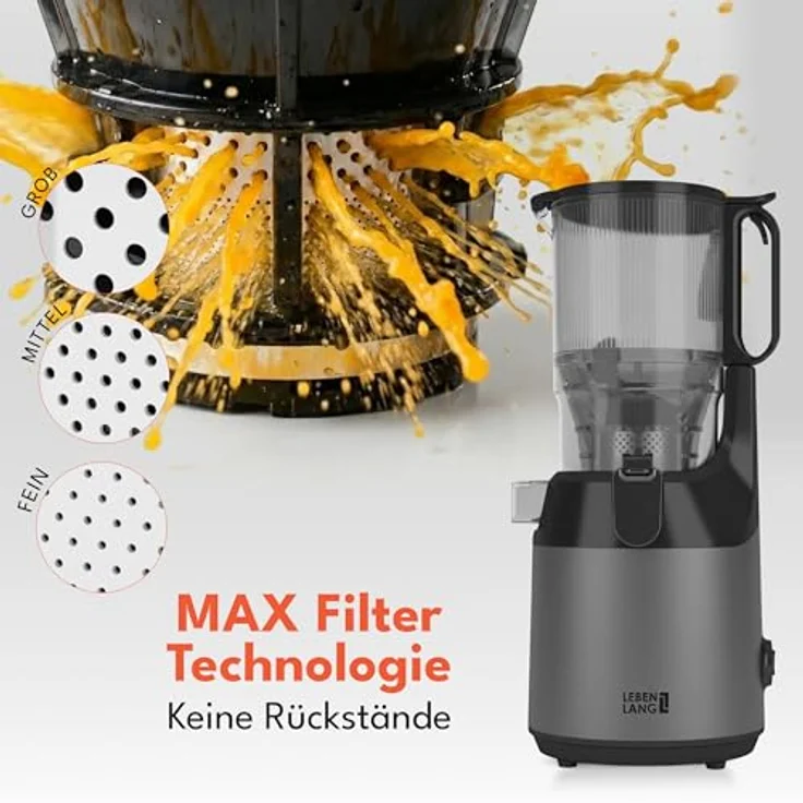 LEBENLANG Slow Juicer, elektrischer Entsafter mit 130mm Öffnung, inkl. Rezeptbuch, 100% BPA-frei, Edelstahl, hohe Saftausbeute – Bild 4