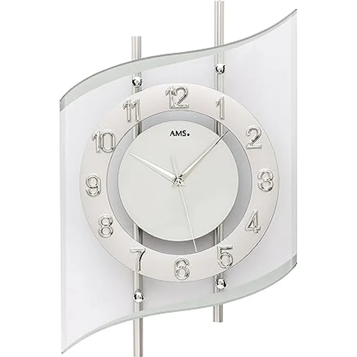 AMS. Funk-Wanduhr 5506, modern, Silber, geschwungenes Mineralglas, Metallgehäuse, für Wohnzimmer, Schlafzimmer