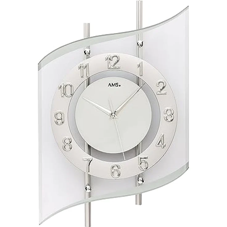 AMS. Funk-Wanduhr 5506, modern, Silber, geschwungenes Mineralglas, Metallgehäuse, für Wohnzimmer, Schlafzimmer – Bild 1