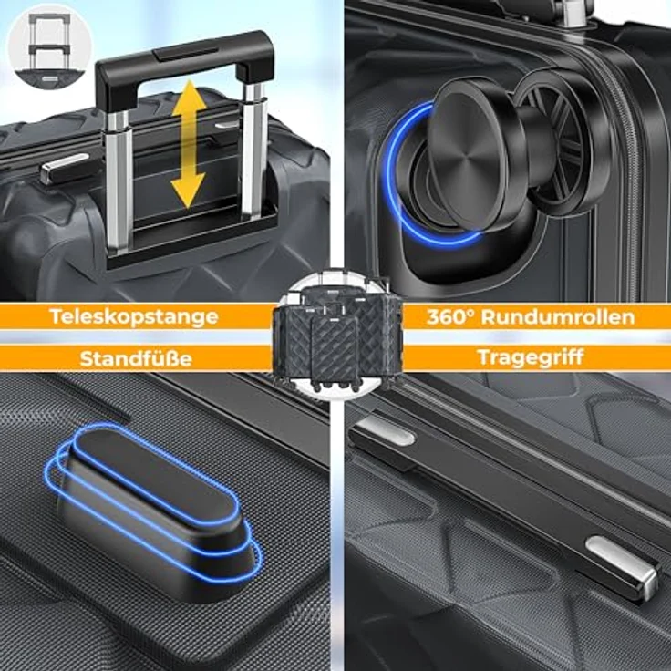 KESSER® Reisekoffer Set 4-teilig, ABS Hartschalenkoffer mit Zahlenschloss, Kofferwaage & Reisebrieftasche, 360° Rollen, Handgepäck & große Koffer, Trolley Charcoal – Bild 5