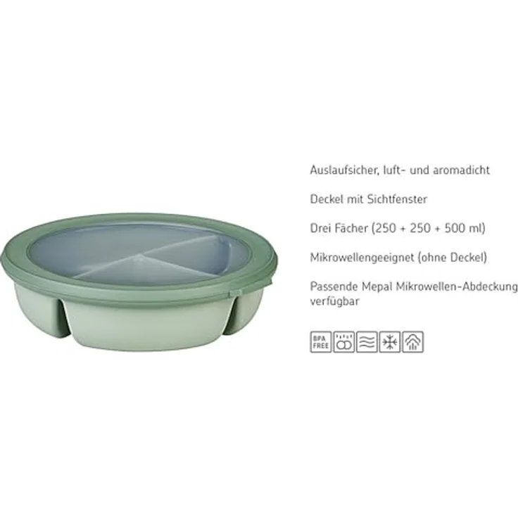 Mepal Cirqula Bento Lunchbox Set, Rund, 3 Fächer, Mikrowellendeckel, Nordic Sage, luftdicht, BPA-frei, für Meal-Prep – Bild 2