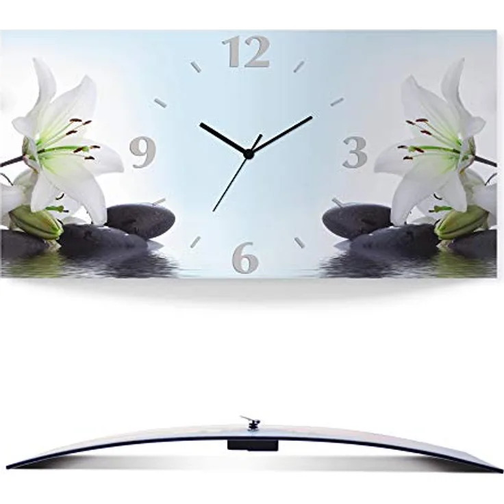 ARTLAND Wanduhr ohne Tickgeräusche Alu Funkuhr 50x25 cm Rechteckig Lautlos Blumen Lilien Spa Steine Natur Asiatisch Ausgefallen S7LY