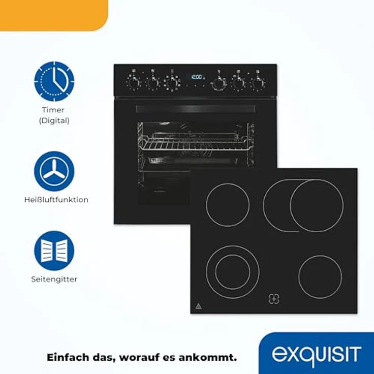 Exquisit Herd-Set EHE285-HBZ-020-Set schwarz | 75 l Garraum, Energieeffizienzklasse A, Glaskeramik Kochfeld, 4 Kochzonen, 60 cm – Bild 3