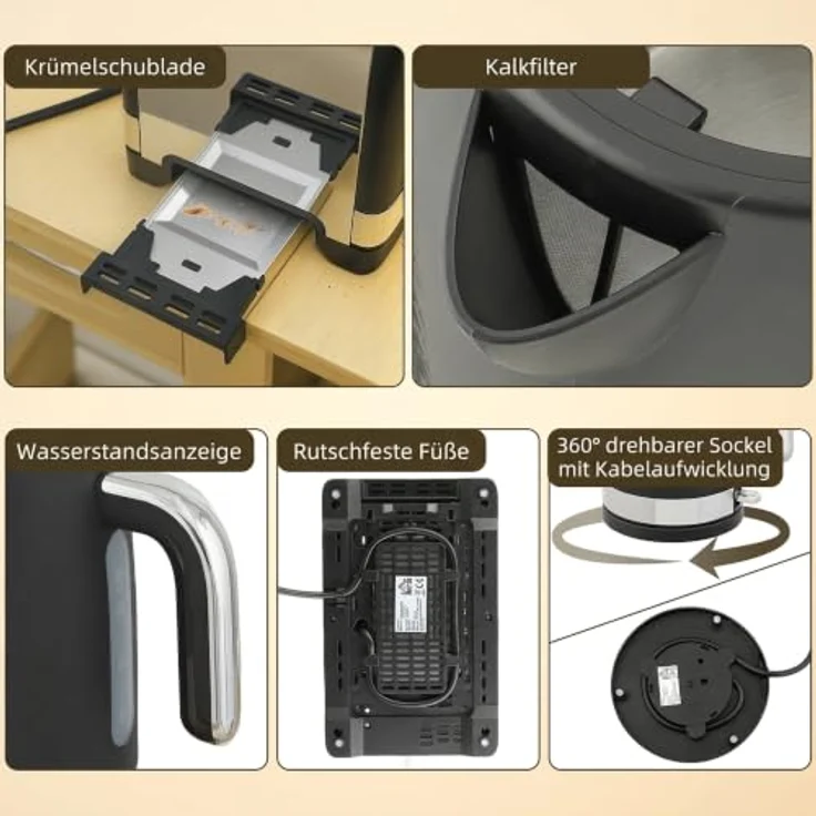 HOMCOM Wasserkocher- und Toaster-Set, 2200 W, 1,7 l mit Thermostat, Schwarz, Anti-Rutsch-Füßen und herausnehmbarer Krümelschublade – Bild 8