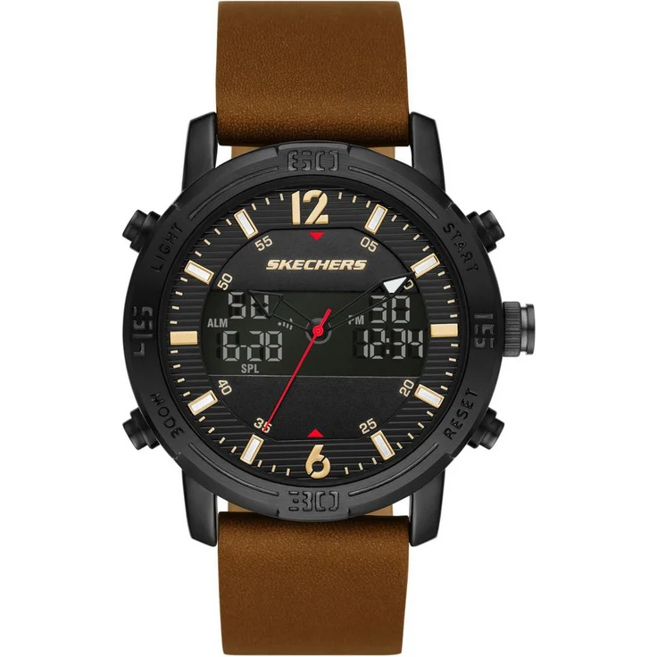 Skechers Chronograph REDLANDS SR5153, Quarzuhr mit digitaler Anzeige, Stoppfunktion, cognacfarbenes Lederarmband, schwarzes Gehäuse