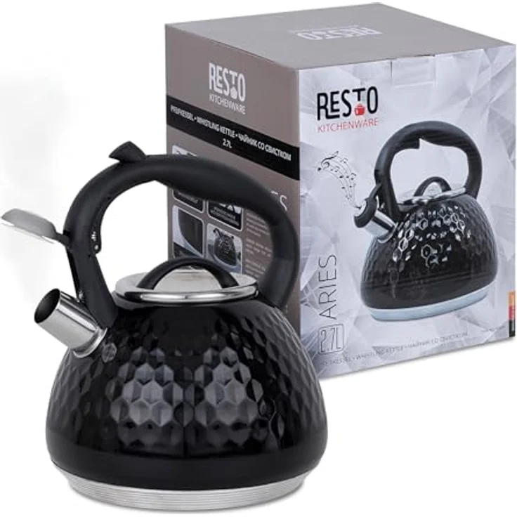 RESTO Flötenkessel, Wasserkessel mit 3D-Design - Pfeifenkessel 2,7 Liter für alle Herdarten (Schwarz) – Bild 1