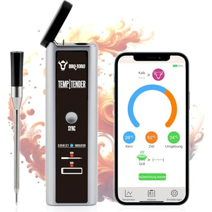 BBQ-Toro TempTender Grillthermometer kabellos mit App | Bluetooth Fleischthermometer digital IP67 bis 300°C | Bratenthermometer, Grill Meat Thermometer Wireless, Fleischtermostat Digital Kabellos