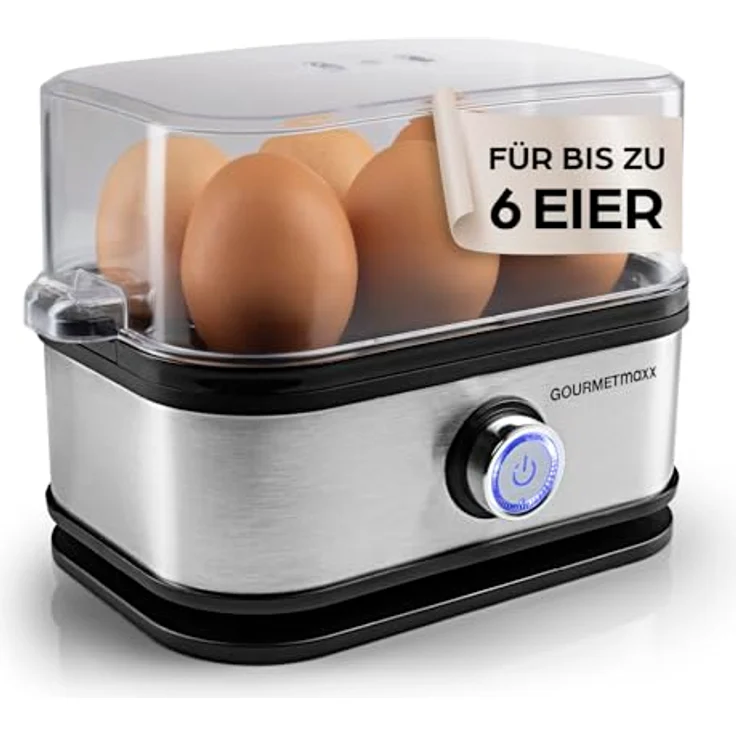 GOURMETmaxx Eierkocher für 6 Eier, Edelstahl Egg Boiler mit Eierstecher, 3 Härtegrade, spülmaschinenfeste Teile, ideal für Zuhause und Unterwegs – Bild 1