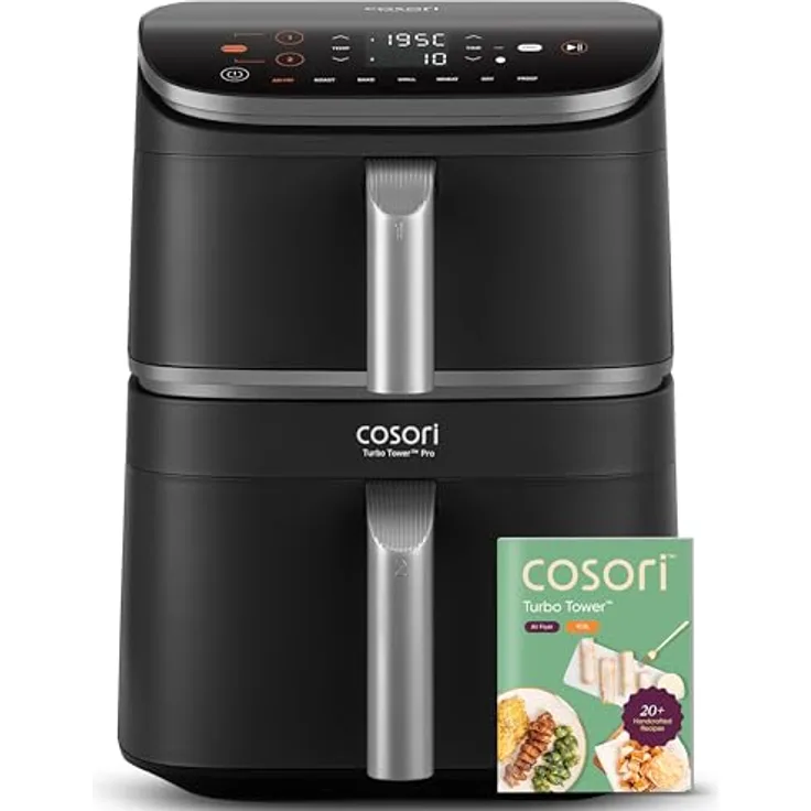 COSORI Turbo Tower Pro 10,8 L Dual-Kammer Heißluftfritteuse, Dual Blaze, keramikbeschichtet, DC-Motor 7 Programme, platzsparend