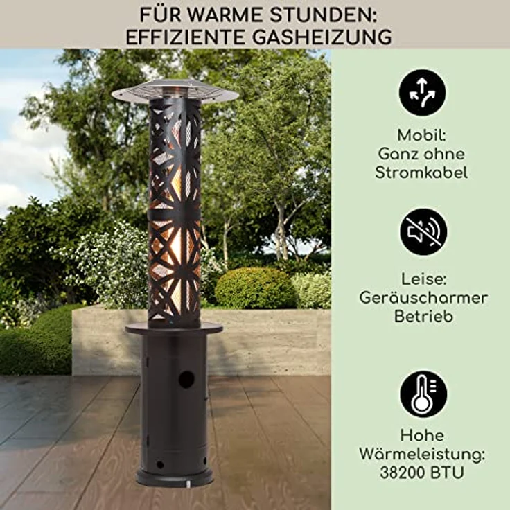 Blumfeldt Terrassenheizer, Outdoor-Gasheizstrahler, Heizpilz Gas für Terrasse, Garten & Balkon, Terrassen-Heizer mit Elektrischer Zündung, 360°Flammen-Blick, Gas-Heizstrahler mit Bodenrollen – Bild 2