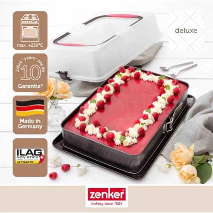 Zenker Rechteck-Springform mit Haube DELUXE, Kuchentransportbox mit le-Boden, Backblech mit Deckel (Farbe: Schwarz-Transparent-Rot), Menge: 1 Stück – Bild 3