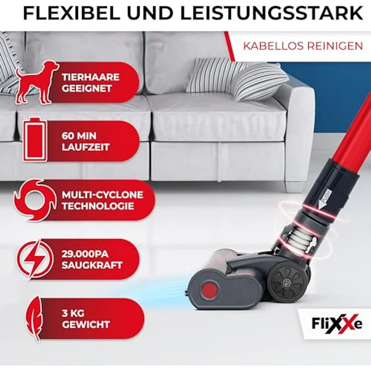 Flixxe T12 Akku-Sauger mit 12 Kammern-Zyklonen-Technologie, echte 29 kPa Saugleistung, 60 Min Laufzeit, X-SCAN-Technologie, LED-Lichtbürste – Leicht 3 kg, wechselbarer Akku, Beutellos, HEPA-Filter – Bild 5