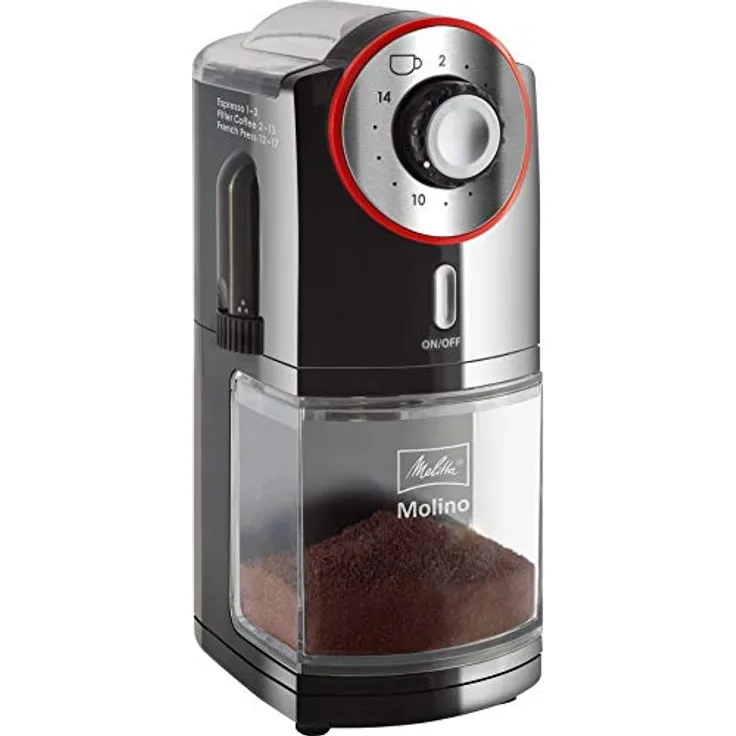 Melitta Molino Kaffeemühle, 1019-01, Elektrische Kaffeemühle, flache Mahlscheibe, Schwarz/Rot, CD - Molino - rote Matte