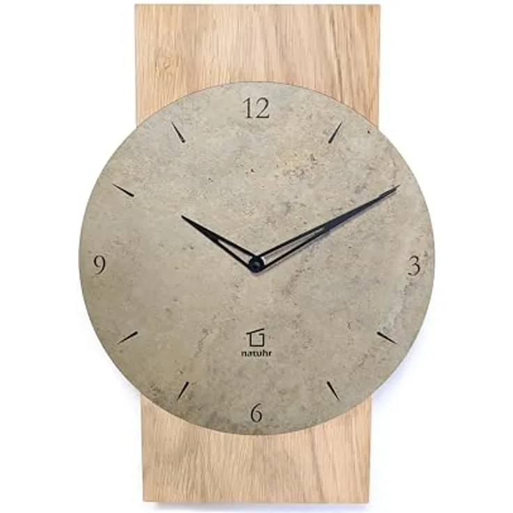 Natuhr Schiefer Wanduhr Zugspitze, Holz Eiche unbehandelt, heller Schiefer, Funk-Uhrwerk, Made in Germany