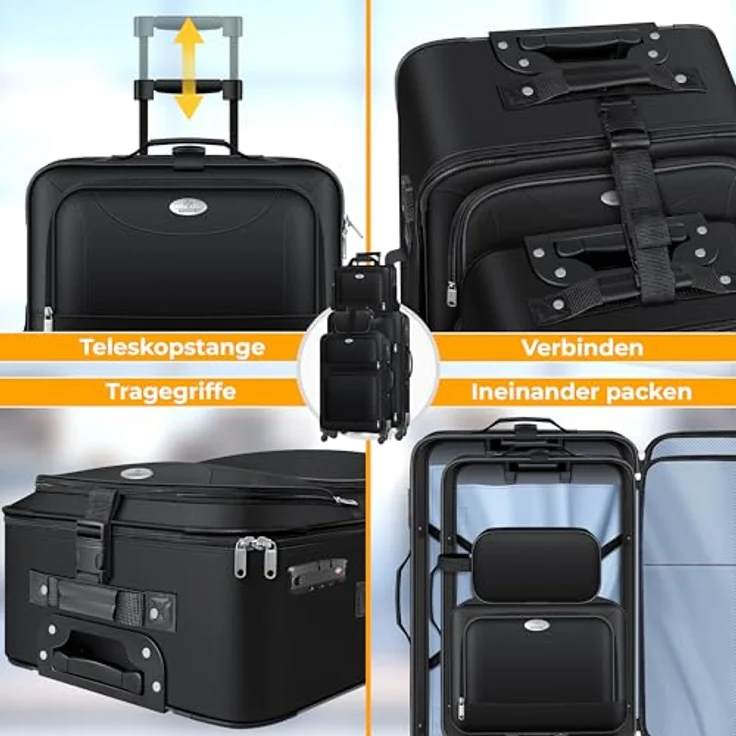 KESSER® Reisekoffer Set 4-teilig, Trolley Kofferset mit 3-Ziffern-TSA-Schloss, 360° Rollen, Teleskopgriff, inkl. Kosmetiktasche und Handgepäck – strapazierfähige Stoffkoffer für Business & Reisen – Bild 5