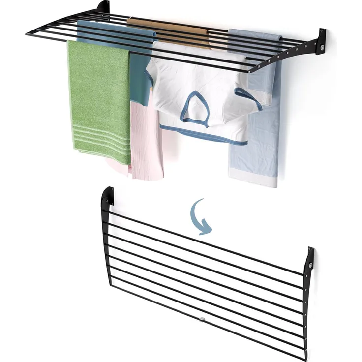 Foxydry Fold Down, Wand-Wäscheständer aus Aluminium, 8 Stangen, tragbar bis 10 kg, schwarz