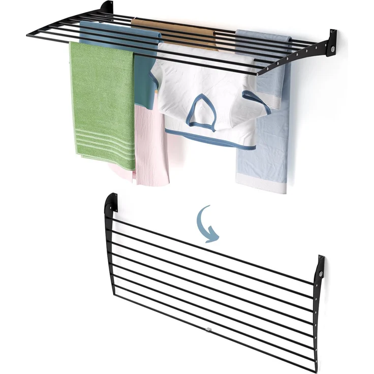 Foxydry Fold Down, Wand-Wäscheständer aus Aluminium, 8 Stangen, tragbar bis 10 kg, schwarz
