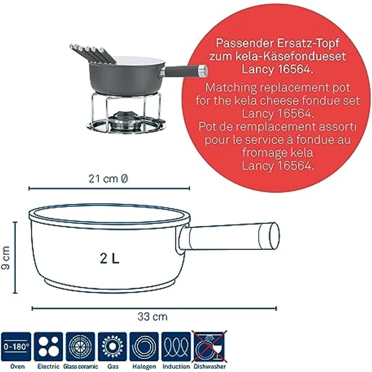 kela 16571 Käsefondue-Pfanne, Aluguss, Keramisch beschichtet, Induktionsgeeignet, 1 L, Meyrin, grau – Bild 3