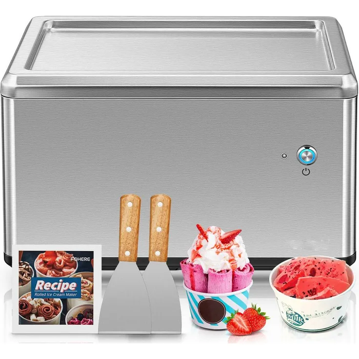 FOHERE Eismaschine Selbstkühlende Roll-Eismaschine mit Kompressor, 120 W, inkl. 2 Metallspatel & Rezeptheft, ein-Knopf-Bedienung