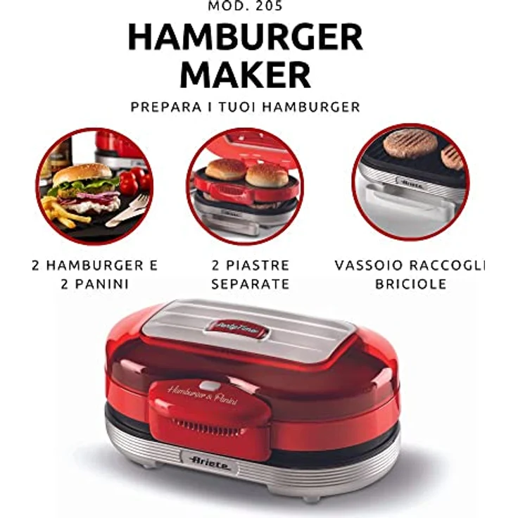 Ariete Hamburger Maker Party Time 205, Elektrischer Sandwichmaker, Elektrischer Grill mit Zwei Antihaftbeschichteten Grillplatten, 2 Heizkammern, Leicht zu Reinigen, 1200 W, Rot – Bild 2