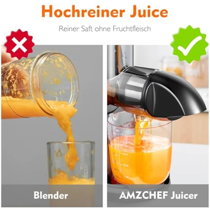 AMZCHEF Entsafter Gemüse und Obst Testsieger - Slow Juicer mit Rückwärts-Kau-Funktion - Zartes Zerkleinern ohne Filtern - Elektrische Saftpresse mit Bürste und 2 Tassen - Orange – Bild 5
