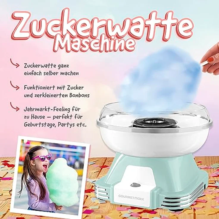 GOURMETmaxx Zuckerwattemaschine für Zuhause | Das Original mit 10 Stäbchen & Messlöffel in nostalgischem Retro-Design in mint | Cotton Candy in höchster Qualität für jeden Anlass [Mint] - Preisvergleich – Bild 2