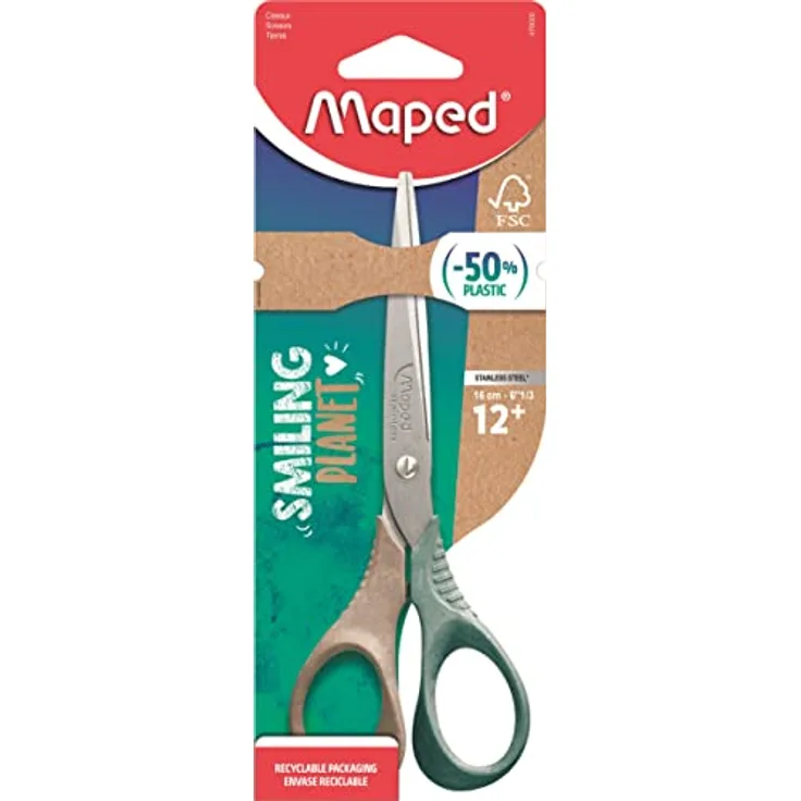 Maped - nachhaltige Schul- und Bastel-Schere SMILING PLANET SHAPE 16 cm - ergonomische 3D Griffe aus FSC-zertifiziertem Holzfaserverbund-Kunststoff