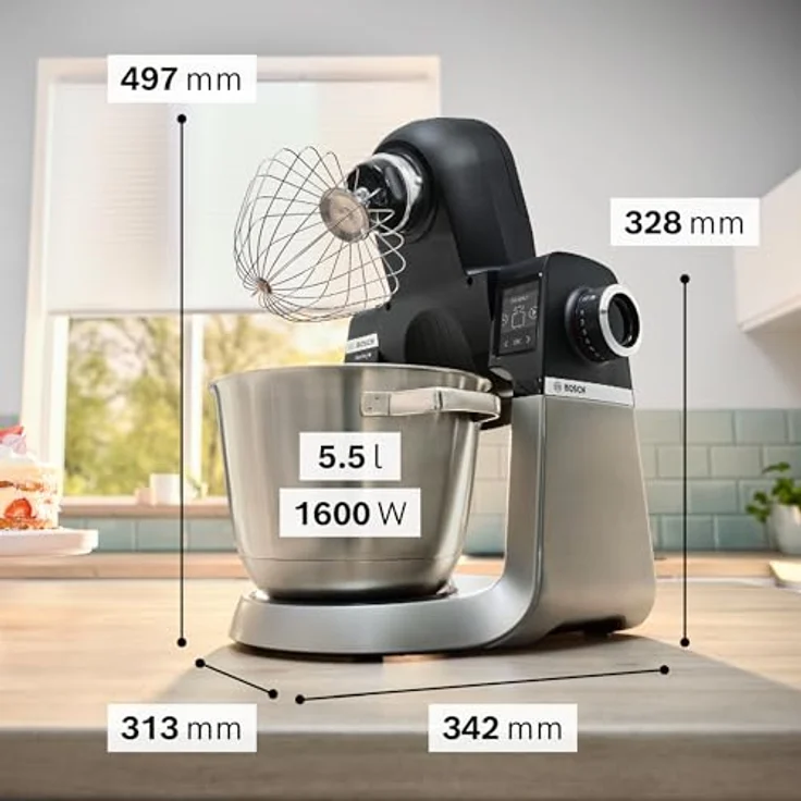 Bosch Küchenmaschine Serie 6 MUMS6ZS13D, Sensortechnologie mit 1g genauer Waage, 1600 W, 5,5 l Edelstahlschüssel, integr. Timer, Durchlaufschnitzler, schwarz/Edelstahl gebürstet – Bild 2