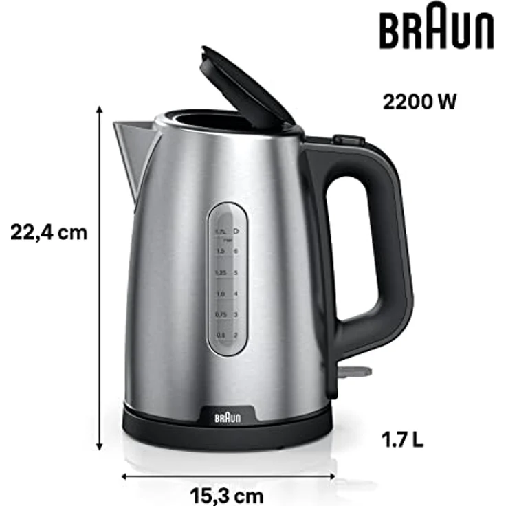 Braun WK1500BK Wasserkocher, 2200 Watt, 1,7 Liter, Temperaturanzeige, Abschaltautomatik, silber, schwarz – Bild 3