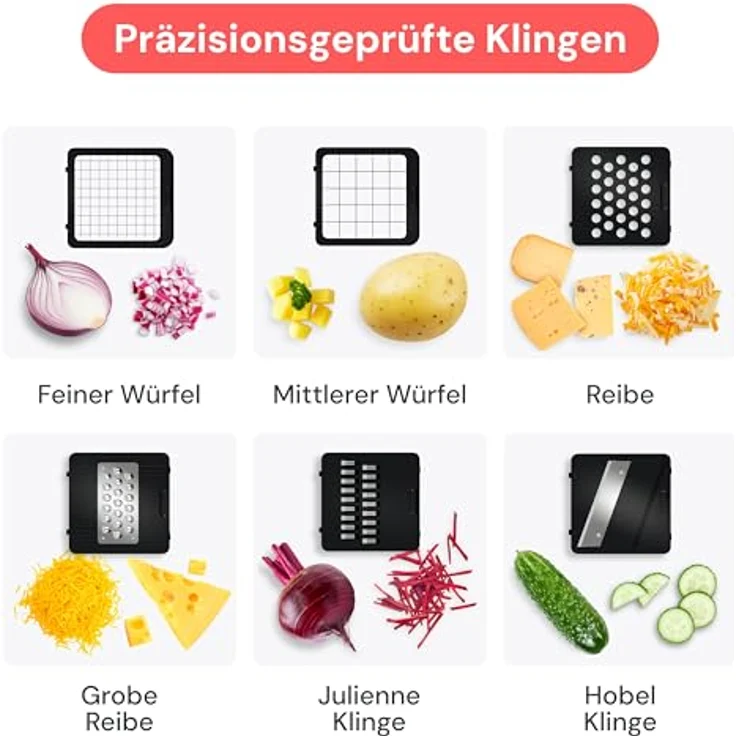 Fullstar Gemüseschneider und Mandoline, 6-in-1 mit rostbeständigen Edelstahlklingen, kompakt und spülmaschinenfest, schwarz – Bild 4