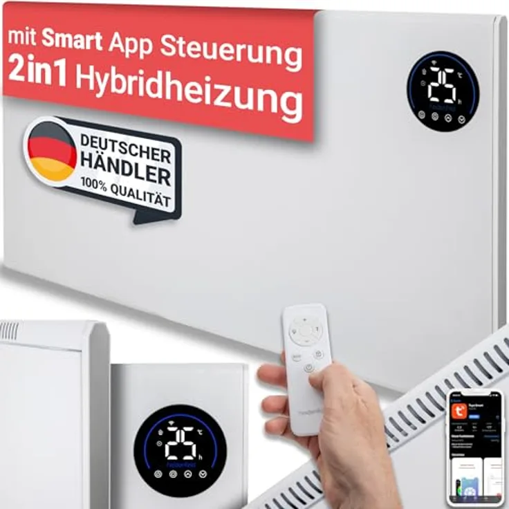 Heidenfeld Infrarotheizung & Konvektor HF-HP150 | 1000 Watt bis 25 m² | Hybrid Heizung | Steuerung via App | Fernbedienung | Touch-Bedienfeld | Infrarot Heizkörper mit Thermostat (HF-HP150 1000 Watt) | Weiß