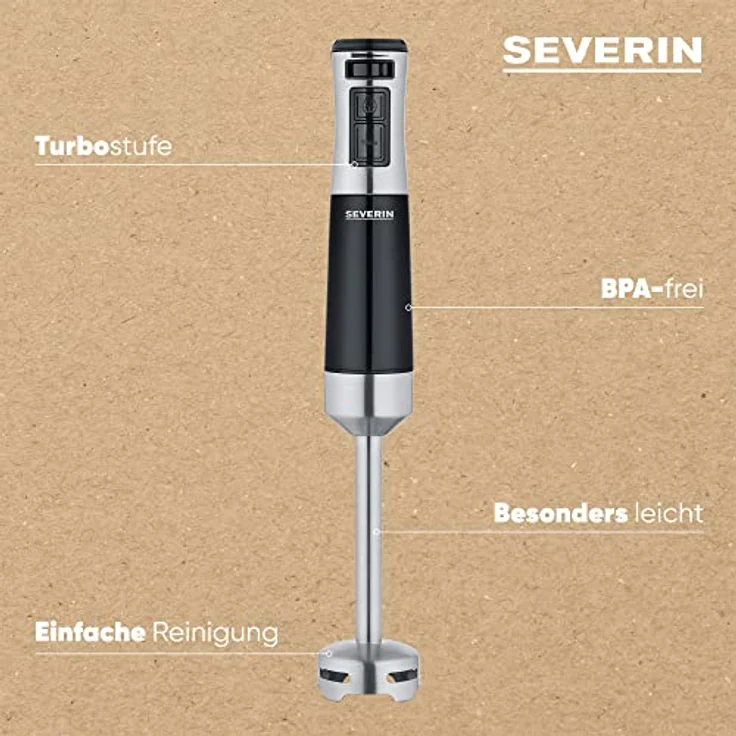 Severin 3771 Stabmixer, 600W, Mixstab mit stufenloser Geschwindigkeitseinstellung, abnehmbarer Pürierstab, Edelstahl (gebürstet), Schwarz – Bild 4