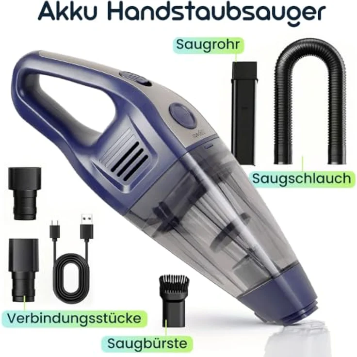 ideoon Akku-Handsauger Mini, kabellos mit 6800 Pa Saugkraft, 2600 mAh Li-Ion Akku, leise und kompakt für Auto, Büro, Zuhause – Bild 3