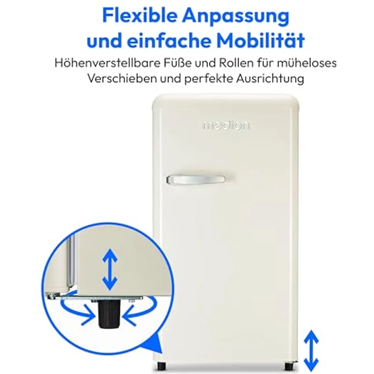 MEDION Retro Kühlschrank MD 37800 (91 Liter, 91cm Höhe, höhenverstellbare Glasablagen, transparente Gemüseschublade, cream) – Bild 5