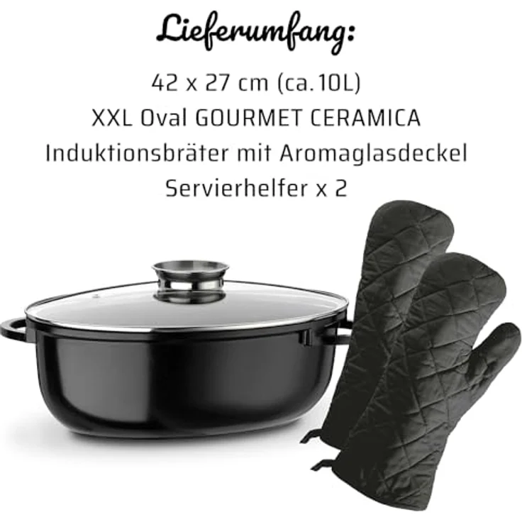 GSW 410588 Gourmet Ceramica Induktion Bräter XXL oval mit Aroma-Glasdeckel 42x27cm - ca. 10,0 Liter, Aluguss, schwarz gesprenkelt, 42 cm, 4-Einheiten – Bild 8