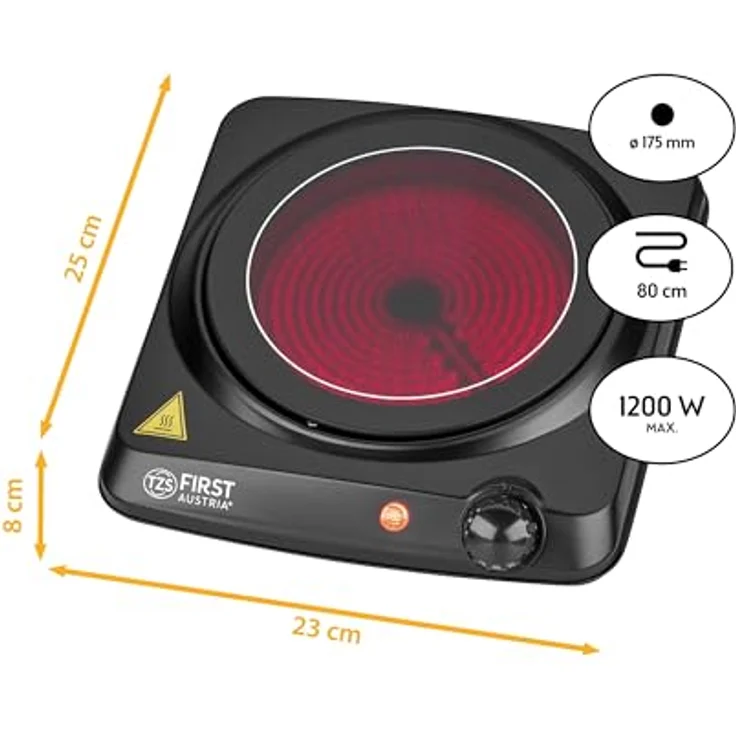TZS First Austria Infrarot Keramik-Herdplatte | ALLE Topfarten | Einzelkochplatte 17,5cm | Kochfeld für Umzug, Camping, Ferienwohnung - schnelles Aufheizen & stufenlose Einstellung - Kontrollleuchte – Bild 3