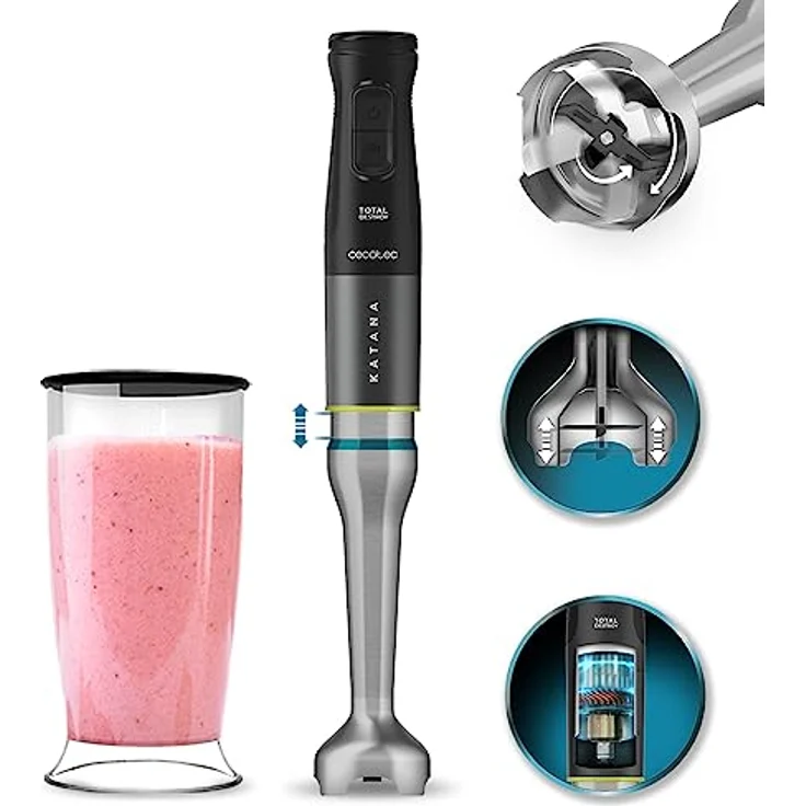 Cecotec Stabmixer Katana TotalDestroy 1500XL, 1500 W, 21 Geschwindigkeiten, Turbo, Doppelklingensystem mit 4 Klingen aus schwarzem Titan, Spritzschutzhaube, 800 ml Glas, schwarz – Bild 1