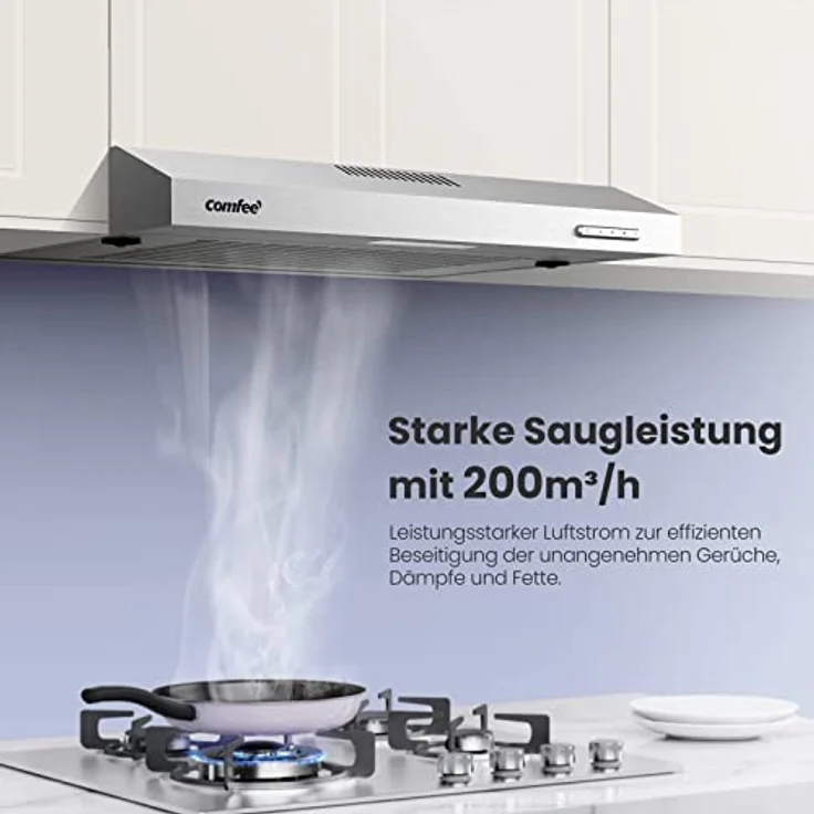 COMFEE' CHU 3.6F17BS 60cm Unterbauhauben Dunstabzugshaube Unterbau mit Edelstahl, abnehmbarem Aluminiumfilter, 200m³/h Luftstrom, 2 Stufen, 1 LED-Licht, Inox, Edelstahl Silber – Bild 3