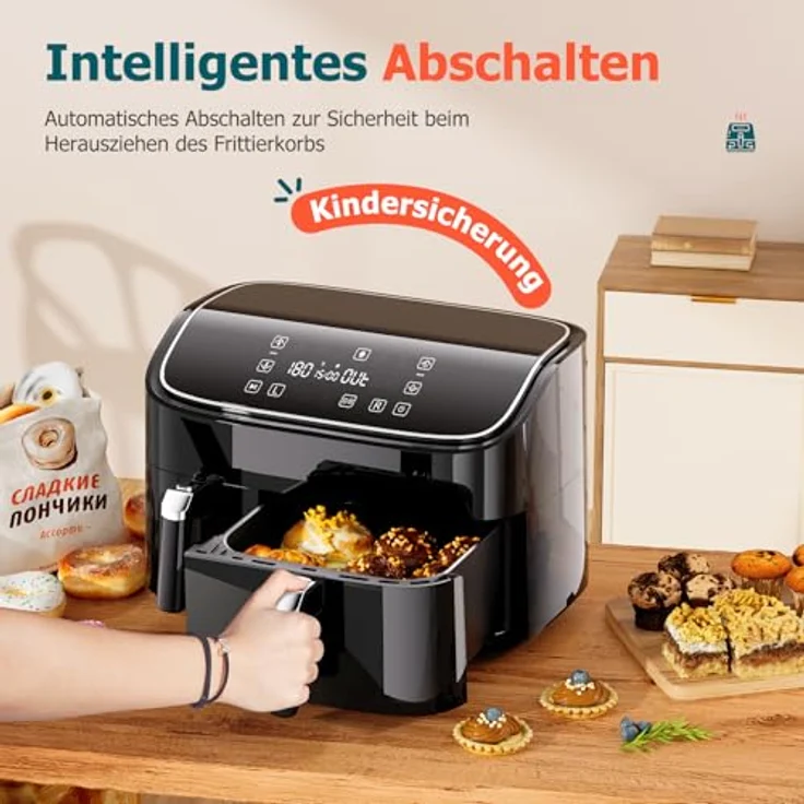 cookwise Heißluftfritteuse 9L, 2 Kammern (3L & 6L), 6-in-1, Touchscreen, spülmaschinenfeste antihaftbeschichtete Körbe, fettfreies Kochen ohne Öl – Bild 3