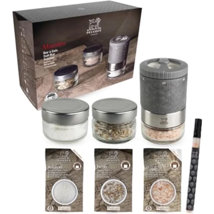 PEUGEOT Maestro Pfeffermühle Maestro Set Salzmühle u'select Z Graphit hell + 3 Salze, mit 3 großen Rohpfeffersorten – Bild 1