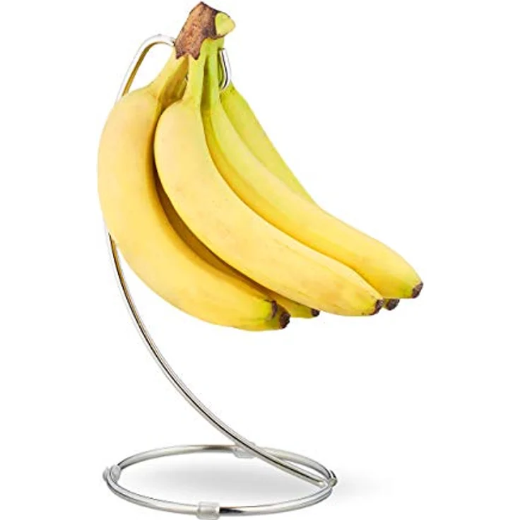 Relaxdays 2 x Bananenhalter, Obstaufbewahrung aus verchromtem Eisen, silber, mit rundem Standfuß und Bananenhaken – Bild 1