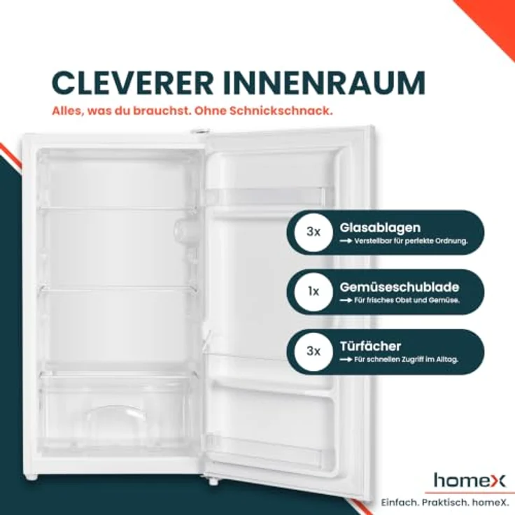 homeX CS0881-W Kühlschrank ohne Gefrierfach, 90L kompakt, freistehend, weiß, leise, energieeffizient – Bild 4