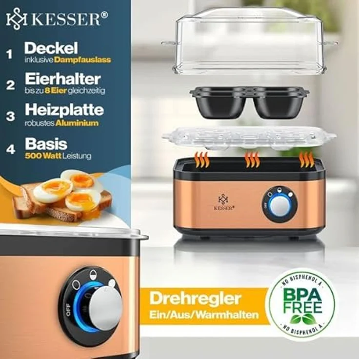 KESSER® Eierkocher NEU 500W für 1 bis 8 Eier aus Edelstahl mit Warmhaltefunktion, LED-Drehschalter, drei Härtegraden, BPA-frei & spülmaschinenfest, inkl. Messbecher, Eierhalter & Kupfer-Omelettschale – Bild 4