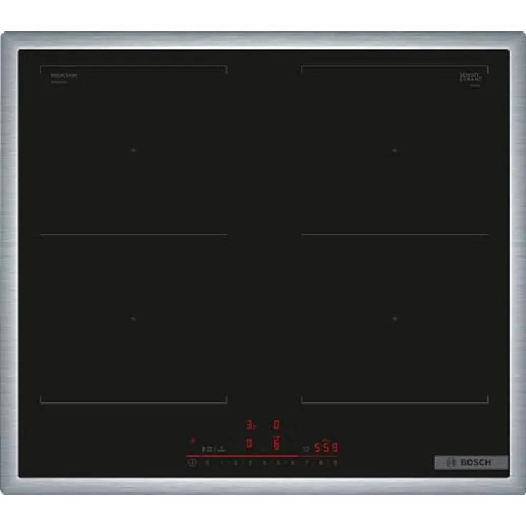 Bosch PVQ645HB1E Serie 6 Smartes Induktionskochfeld (autark), 60 cm breit, Kombination zweier Kochzonen, Umlaufender Rahmen, Kochfeldbasierte Haubensteuerung, schnelleres Kochen